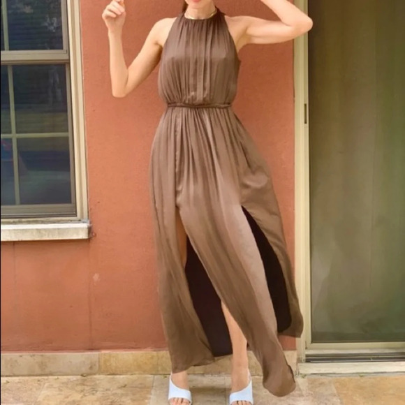 Zara Empire Waist Brown Satin Open Back Slit Maxi Dress Size XS - Picture 2 of 16